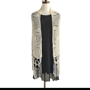 Handmade Unique Design Beige Ivory Fringe Neutral Crochet Wrap  Shawl,  One Size